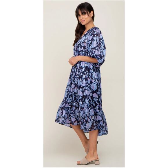 Pinkblush Navy Floral V-Neck Shimmer Midi Dress Size L - Picture 8 of 12